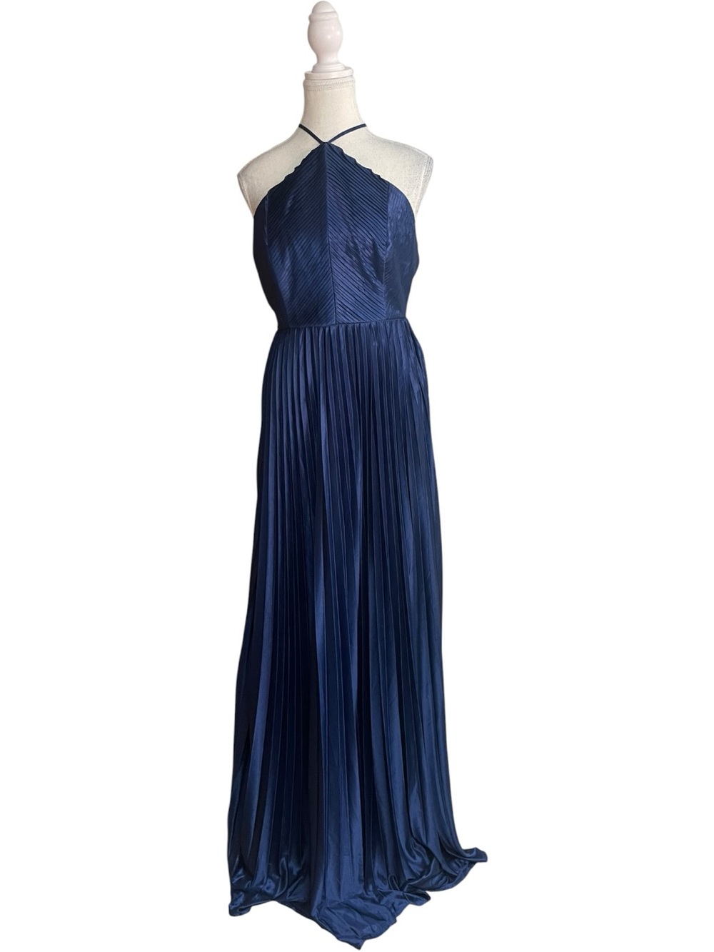 Lulus Elaborate Charm Halter Backless Pleated Satin Maxi Dress Navy Blue